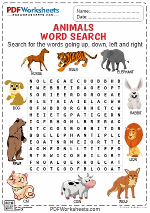 Animals Word Search Worksheet for Kids