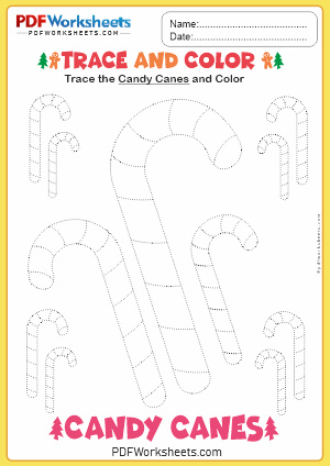 Trace and Color Christmas Candy Canes PDF Worksheet