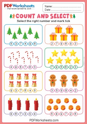 Count and Select Number Christmas Objects PDF Worksheet