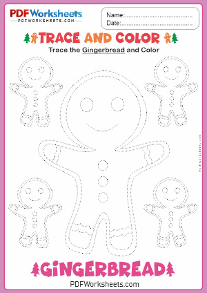 Trace and Color Christmas Gingerbread PDF Worksheet
