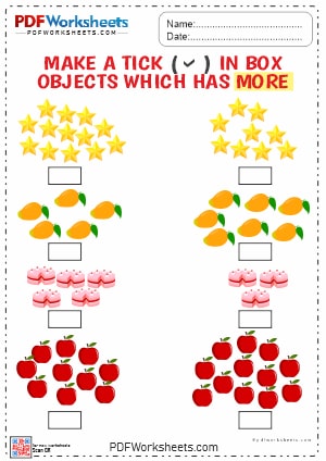 Count and Tick the More Objects PDF Worksheets