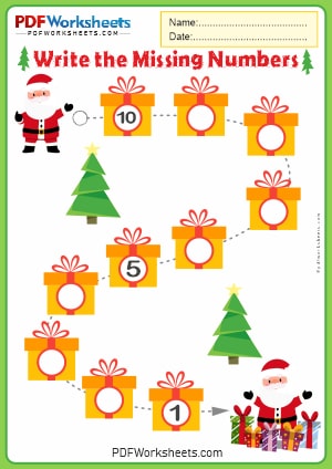 Write the Missing Numbers Christmas Gifts PDF Worksheet