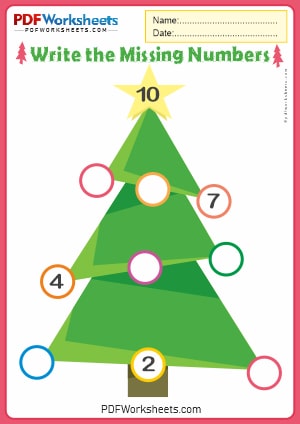 Write the Missing Numbers Christmas Tree PDF Worksheet