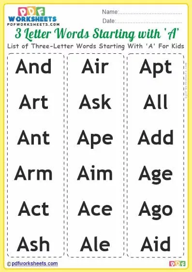 List of Three-Letter Words Starting With 'A' For Kids
