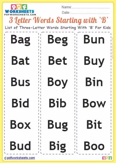 Good Words Starting With Letter 'B' PDF Worksheets 1 List of Three-Letter Words Starting With 'B' For Kids PDF Worksheet Download