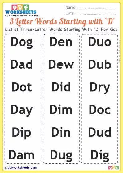 List of Three-Letter Words Starting With 'D' For Kids PDF Worksheet Download