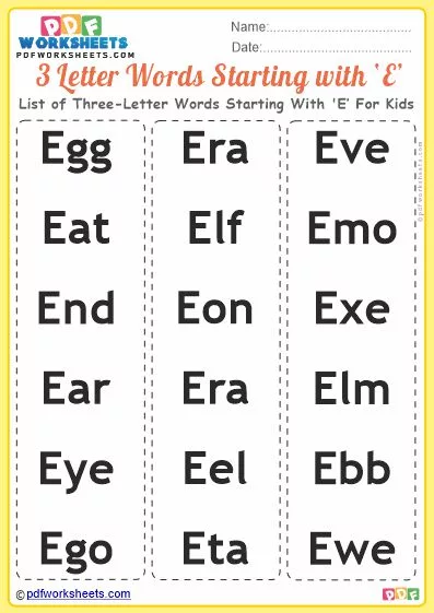 List of Three-Letter Words Starting With 'E' For Kids PDF Worksheet Download