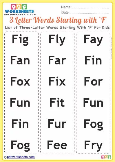 List of Three-Letter Words Starting With 'F' For Kids PDF Worksheet Download