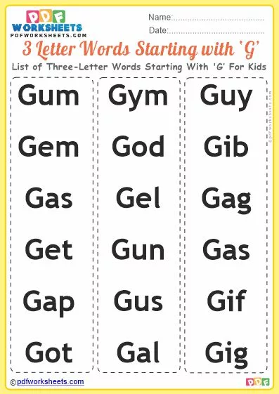 List of Three-Letter Words Starting With 'G' For Kids PDF Worksheet Download