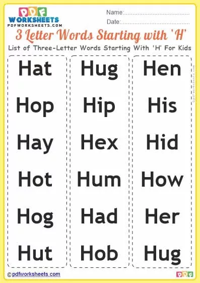 List of Three-Letter Words Starting With 'H' For Kids PDF Worksheet Download
