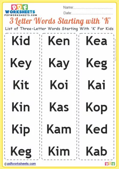 List of Three-Letter Words Starting With 'K' For Kids PDF Worksheet Download