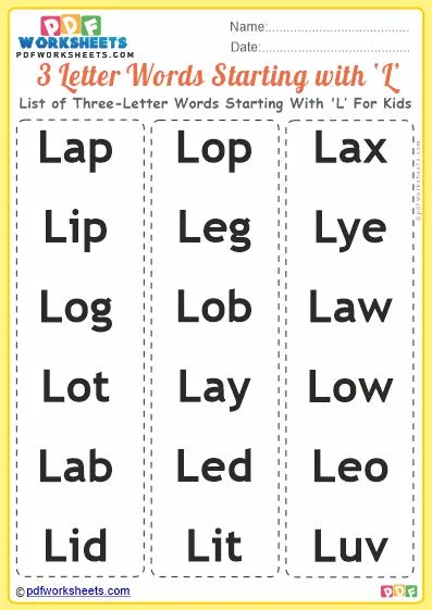 List of Three-Letter Words Starting With 'L' For Kids PDF Worksheet Download