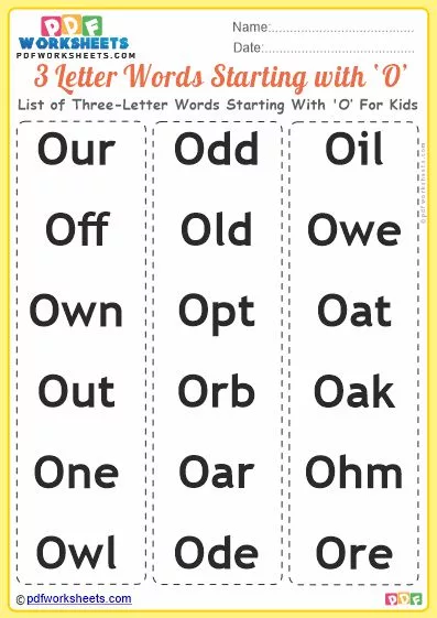 List of Three-Letter Words Starting With 'O' For Kids PDF Worksheet Download