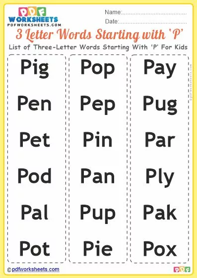 List of Three-Letter Words Starting With 'P' For Kids PDF Worksheet Download