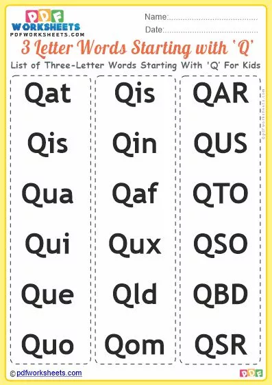 List of Three-Letter Words Starting With 'Q' - PDF Worksheets