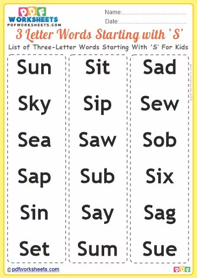List of Three-Letter Words Starting With 'S' For Kids PDF Worksheet Download