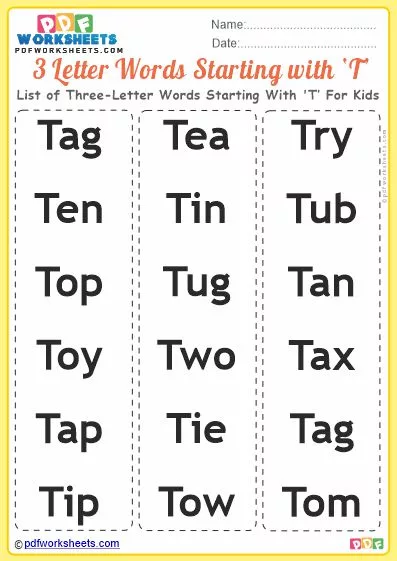 List of Three-Letter Words Starting With 'T' - PDF Worksheets