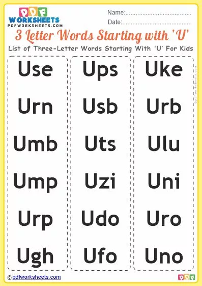 List of Three-Letter Words Starting With 'U' For Kids PDF Worksheet Download
