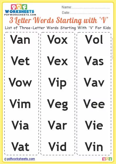 List of Three-Letter Words Starting With 'V' For Kids PDF Worksheet Download