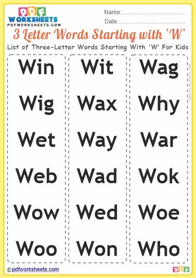 List of Three-Letter Words Starting With 'W' For Kids PDF Worksheet Download