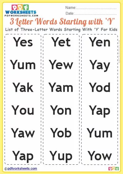 List of Three-Letter Words Starting With 'Y' For Kids PDF Worksheet Download
