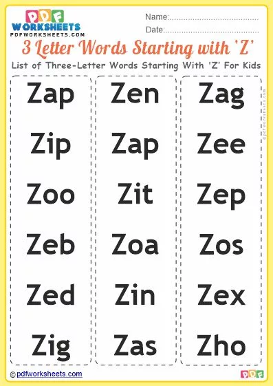 List of Three-Letter Words Starting With 'Z' For Kids PDF Worksheet Download