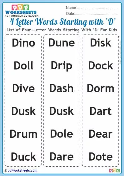 Good Words Starting With Letter 'D' PDF Worksheets [FREE]