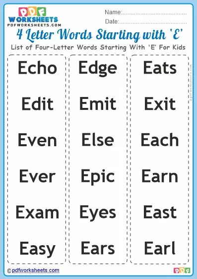 List of Four-Letter Words Starting With 'E' For Kids PDF Worksheet Download