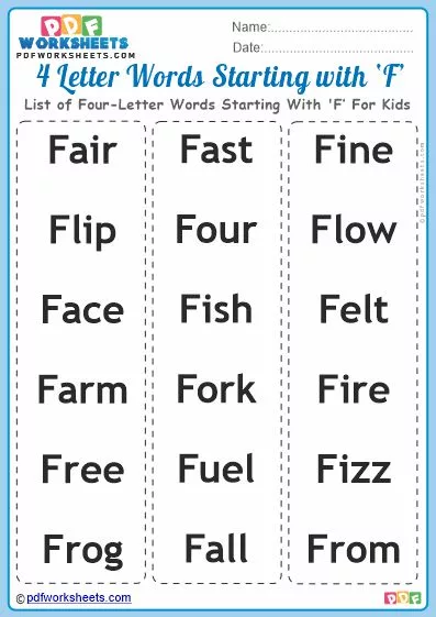 List of Four-Letter Words Starting With 'F' For Kids PDF Worksheet Download