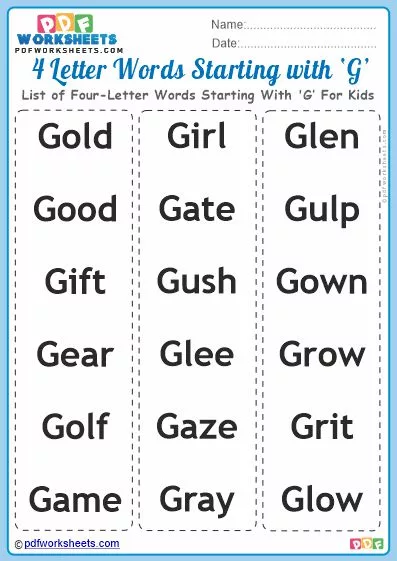 List of Four-Letter Words Starting With 'G' For Kids PDF Worksheet Download