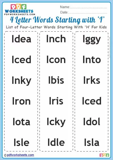 List of Four-Letter Words Starting With 'I' For Kids PDF Worksheet Download