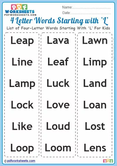 List of Four-Letter Words Starting With 'L' For Kids PDF Worksheet Download