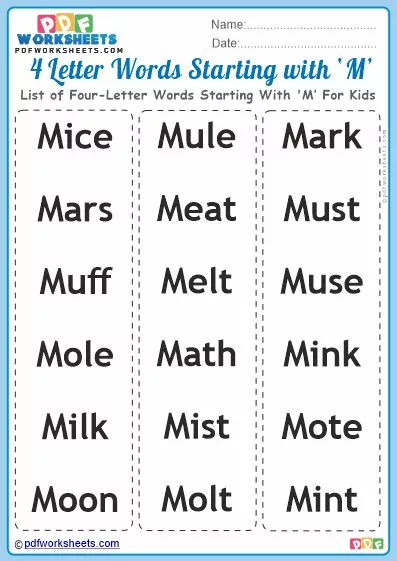 List of Four-Letter Words Starting With 'M' For Kids PDF Worksheet Download