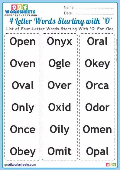 List of Four-Letter Words Starting With 'O' For Kids PDF Worksheet Download
