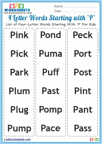 List of Four-Letter Words Starting With 'P' For Kids PDF Worksheet Download