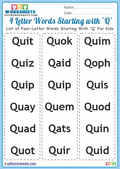 List of Four-Letter Words Starting With 'Q' - PDF Worksheets