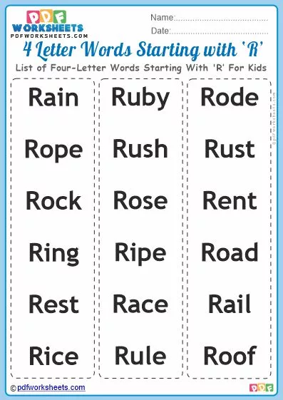 List of Four-Letter Words Starting With 'R' For Kids PDF Worksheet Download