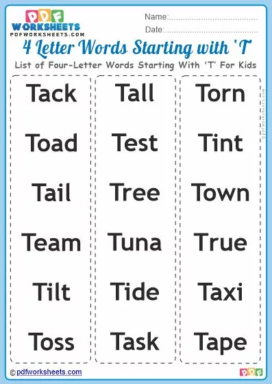 List of Four-Letter Words Starting With 'T' For Kids PDF Worksheet Download