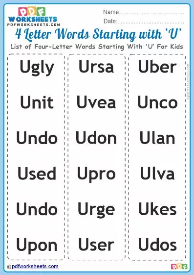 List of Four-Letter Words Starting With 'U' For Kids PDF Worksheet Download
