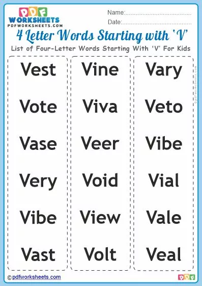 List of Four-Letter Words Starting With 'V' For Kids PDF Worksheet Download