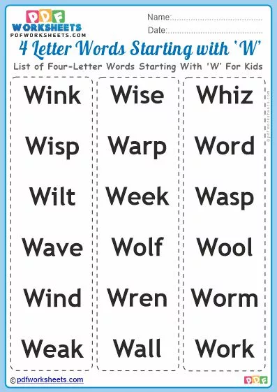 List of Four-Letter Words Starting With 'W' For Kids PDF Worksheet Download
