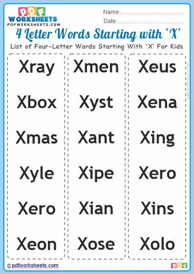 List of Four-Letter Words Starting With 'X' For Kids PDF Worksheet Download