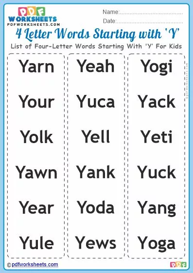 List of Four-Letter Words Starting With 'Y' For Kids PDF Worksheet Download