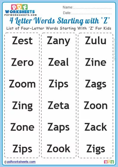 Good Words Starting With Letter Z Pdf Worksheets [free]