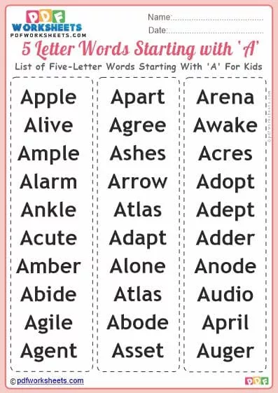 List of Five-Letter Words Starting With 'A' For Kids