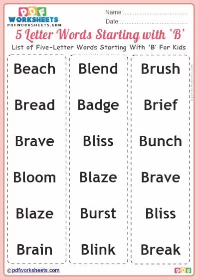 List of Five-Letter Words Starting With 'B' For Kids PDF Worksheet Download