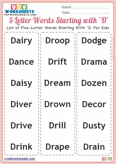 Good Words Starting With Letter 'D' PDF Worksheets [FREE]