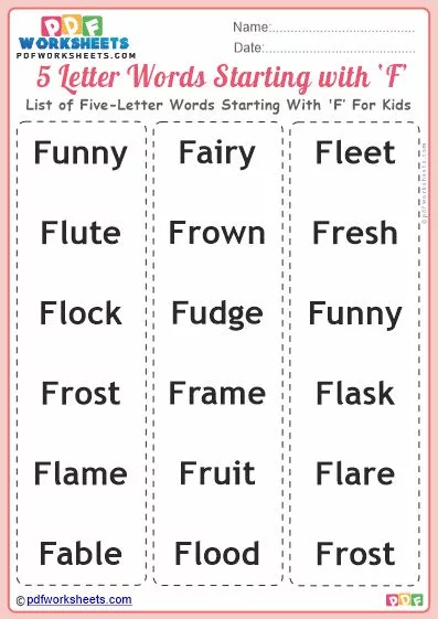List of Five-Letter Words Starting With 'F' For Kids PDF Worksheet Download