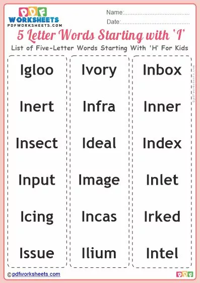 List of Five-Letter Words Starting With 'I' For Kids PDF Worksheet Download