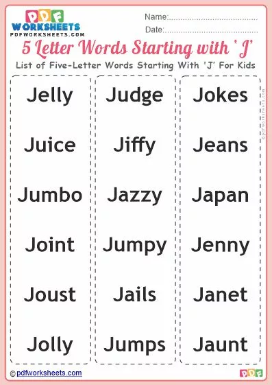 Good Words Starting With Letter 'J' PDF Worksheets [FREE]